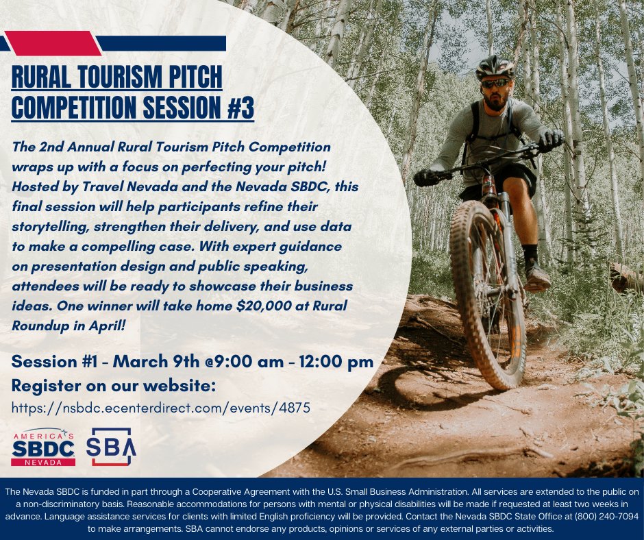 Perfect your pitch! Sunday’s session at the Rural Tourism Pitch Competition will help you refine your storytelling, public speaking, and presentation design skills, plus using data to make your pitch stand out!

Register now below!⬇️
nsbdc.ecenterdirect.com/events/4875