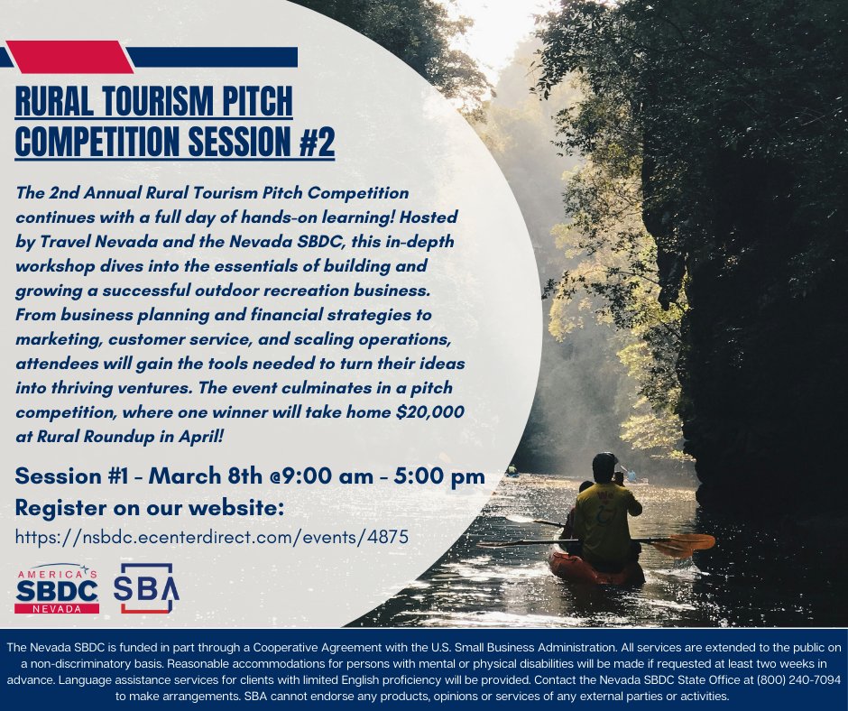 🌄💡 Saturday at the Rural Tourism Pitch Competition is all about building your outdoor rec business! From business planning &amp; financial strategies to marketing &amp; customer service, get the tools to succeed. Register now! ⬇️

nsbdc.ecenterdirect.com/events/4875

#OutdoorRec #PitchCompetition