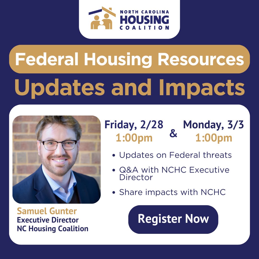 The NC Housing Coalition will be hosting two webinars on Friday, 2/28 and Monday, 3/3 for a Q&amp;A of Federal housing updates.

Register for 2/28 webinar: us02web.zoom.us/webinar/regist…
Register for 3/3 webinar: us02web.zoom.us/webinar/regist…
