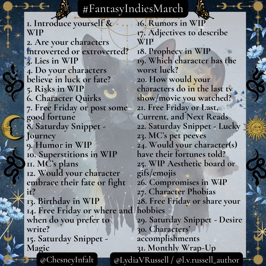 Fantasy Indies (@fantasyindies) on Twitter photo ๐โโฌ #FantasyIndiesMarch ๐โโฌ
All genres welcome! For snippets, you can use the word of the day or post whatever. You can use the prompts for WIPs or published books.
Feel free to ask the hosts questions!
Love,
Faeries at Fantasy Indies
<a href="/LydiaVRussell/">Lydia V Russell</a> <a href="/ChesneyInfalt/">Chesney Infalt</a> ๐โโฌ #FantasyIndiesMarch ๐โโฌ
All genres welcome! For snippets, you can use the word of the day or post whatever. You can use the prompts for WIPs or published books.
Feel free to ask the hosts questions!
Love,
Faeries at Fantasy Indies
<a href="/LydiaVRussell/">Lydia V Russell</a> <a href="/ChesneyInfalt/">Chesney Infalt</a>