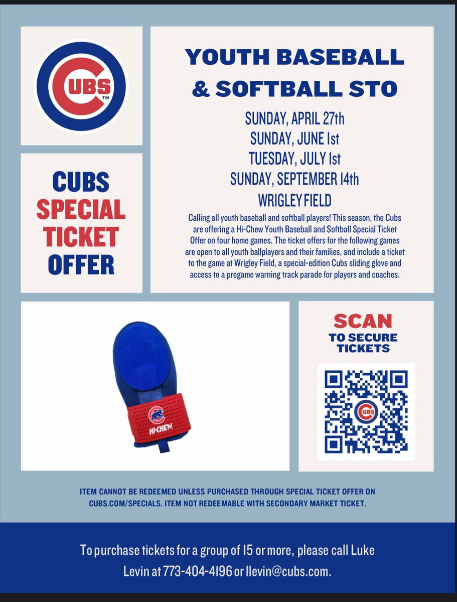 Hey cubs fans or fans that want to visit Wrigley Field , each ticket to the game includes a cubs sliding glove and access pregame parade. Click our organization at checkout Polish Baseball and Softball Foundation . ￼

fevo-enterprise.com/group/youth-ba…