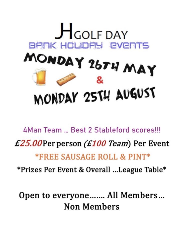 JHGolf Bank Holiday Monday Events.. always a great day #FunDay <a href="/Breightmetgc/">Breightmet Golf Club</a> 
Open to everyone ⛳️ Free sausage roll and pint 🍺