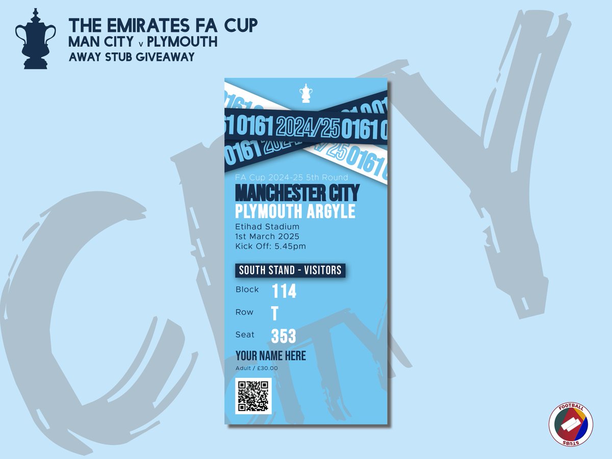 🆓 FA CUP STUB GIVEAWAY! 

Hot off the back of the Carabao Cup Final giveaway, to celebrate the FA Cup this weekend we're giving away 5 stubs to #PAFC fans who are heading up to Manchester aiming to claim their second huge scalp of the competition! 

Argyle fans have been given