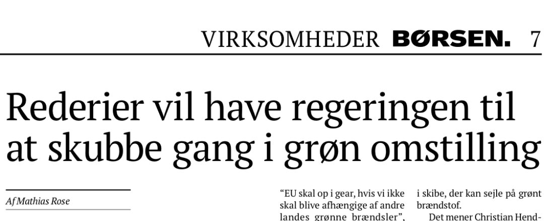 Den grønne omstilling af skibsfarten er helt afhængig af grønne brændstoffer. Rederierne er klar og laver massive investeringer. Men vi bliver nødt til at have fart på europæisk produktion af grønne brændstoffer, hvis vi skal nå reduktionsmålene. Læs mere i 
<a href="/borsendk/">Børsen</a>. 👇🏻