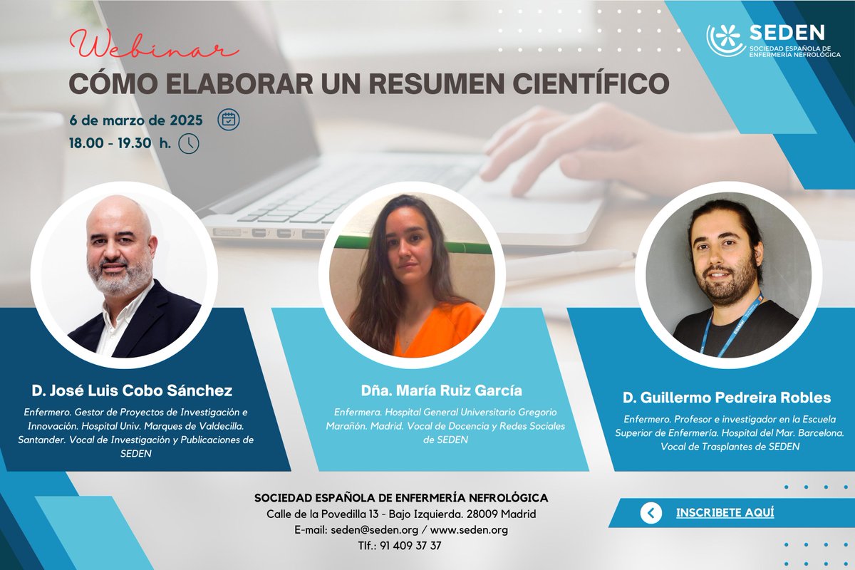 SEDEN (@sedenenfermeria) on Twitter photo #FormaciónEnfemera | 👩🏻⚕️👨🏻⚕️
💻 Webinar "Cómo elaborar un resumen científico" 2ª Edición. 
📆 6 de Marzo de 2025
🕕 18:00 - 19:30 horas
📲 Inscripciones en: seden.org/noticias/webin… #FormaciónEnfemera | 👩🏻⚕️👨🏻⚕️
💻 Webinar "Cómo elaborar un resumen científico" 2ª Edición. 
📆 6 de Marzo de 2025
🕕 18:00 - 19:30 horas
📲 Inscripciones en: seden.org/noticias/webin…