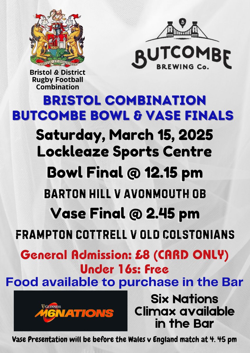 Bristol Rugby Combination Tournaments (@bandd_combocups) on Twitter photo * <a href="/ButcombeBrewery/">Butcombe Brewing Co.</a> Combination Vase & Bowl Finals *
Last season's Finals' Day Double was spectacular. For more of the same, Get down to <a href="/LockleazeSport/">Lockleaze Sports Centre</a> & watch some amazing rugby from <a href="/FramptonRFC/">Frampton Cotterell</a> <a href="/OC_RFC/">Old Colstonians RFC</a> <a href="/BartsRugby/">Barton Hill RFC</a> <a href="/AvonmouthOBRFC/">Avonmouth Old Boys RFC</a>
<a href="/BSDistrictRugby/">Bristol & District Rugby Football Combination</a> <a href="/swsportsnews/">South West Sports News</a> <a href="/GRFUrugby/">#GRFU</a> * <a href="/ButcombeBrewery/">Butcombe Brewing Co.</a> Combination Vase & Bowl Finals *
Last season's Finals' Day Double was spectacular. For more of the same, Get down to <a href="/LockleazeSport/">Lockleaze Sports Centre</a> & watch some amazing rugby from <a href="/FramptonRFC/">Frampton Cotterell</a> <a href="/OC_RFC/">Old Colstonians RFC</a> <a href="/BartsRugby/">Barton Hill RFC</a> <a href="/AvonmouthOBRFC/">Avonmouth Old Boys RFC</a>
<a href="/BSDistrictRugby/">Bristol & District Rugby Football Combination</a> <a href="/swsportsnews/">South West Sports News</a> <a href="/GRFUrugby/">#GRFU</a>