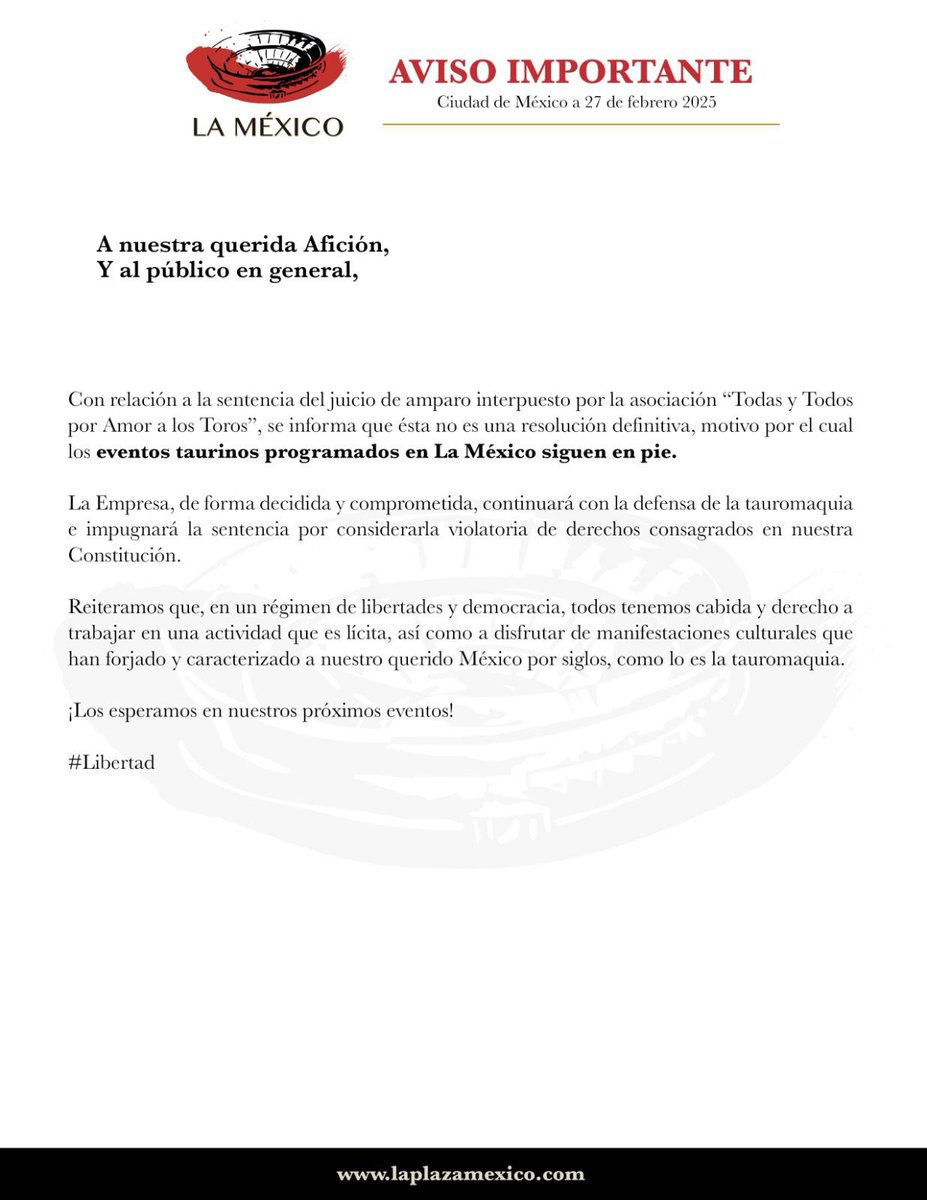No se dejen confundir aficionados. Los prohibicionistas continuarán. Nosotros defenderemos llenando las plazas. Exigiendo Libertad. Ecologia y cultura. EL
DOMINGO HAY TOROS EN <a href="/LaPlazaMexico/">La Plaza Mexico</a>