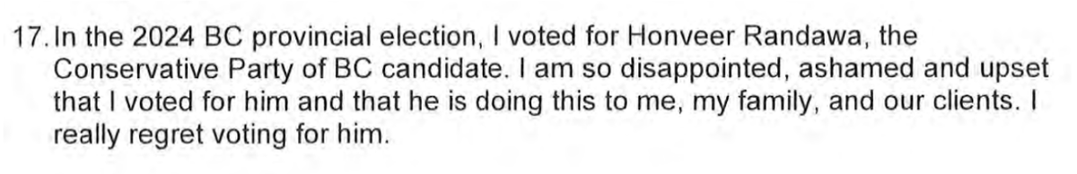 As Rustad doubles down on his election complaint nonsense, an affidavit filed in court shows that the care home worker he accused of forcing people to vote NDP *actually voted for Honveer Randhawa* 🧵 #bcpoli