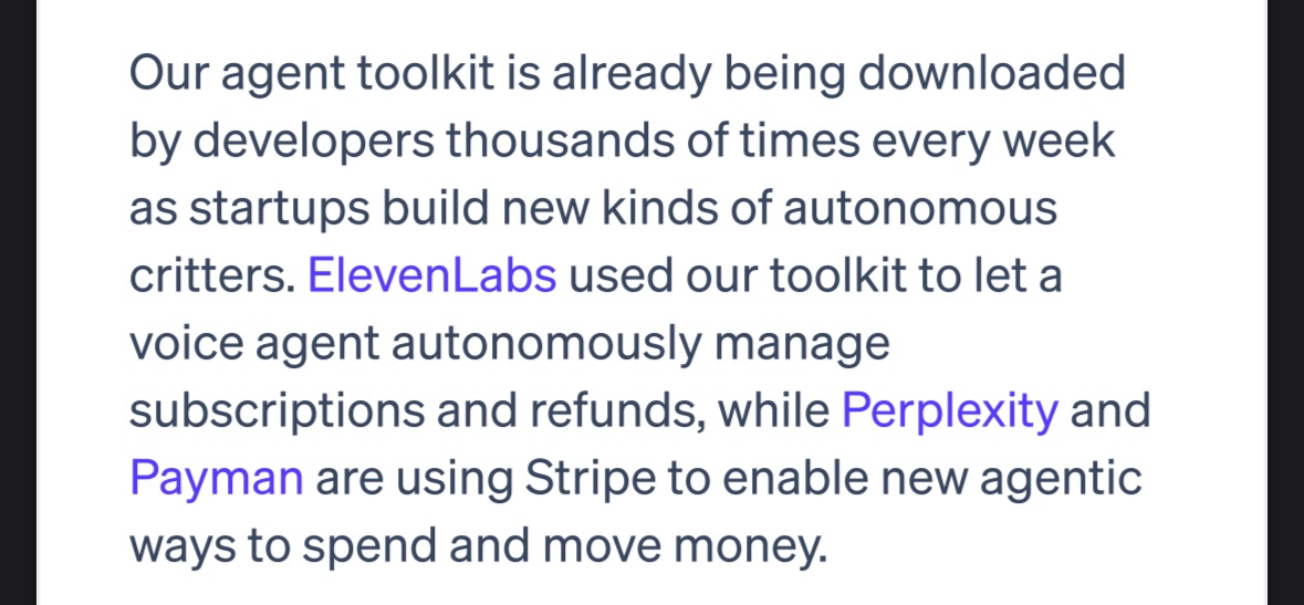 Stripe’s annual letter features the ElevenLabs &lt;&gt; Stripe AI agent SDK of a voice agent that can issue refunds