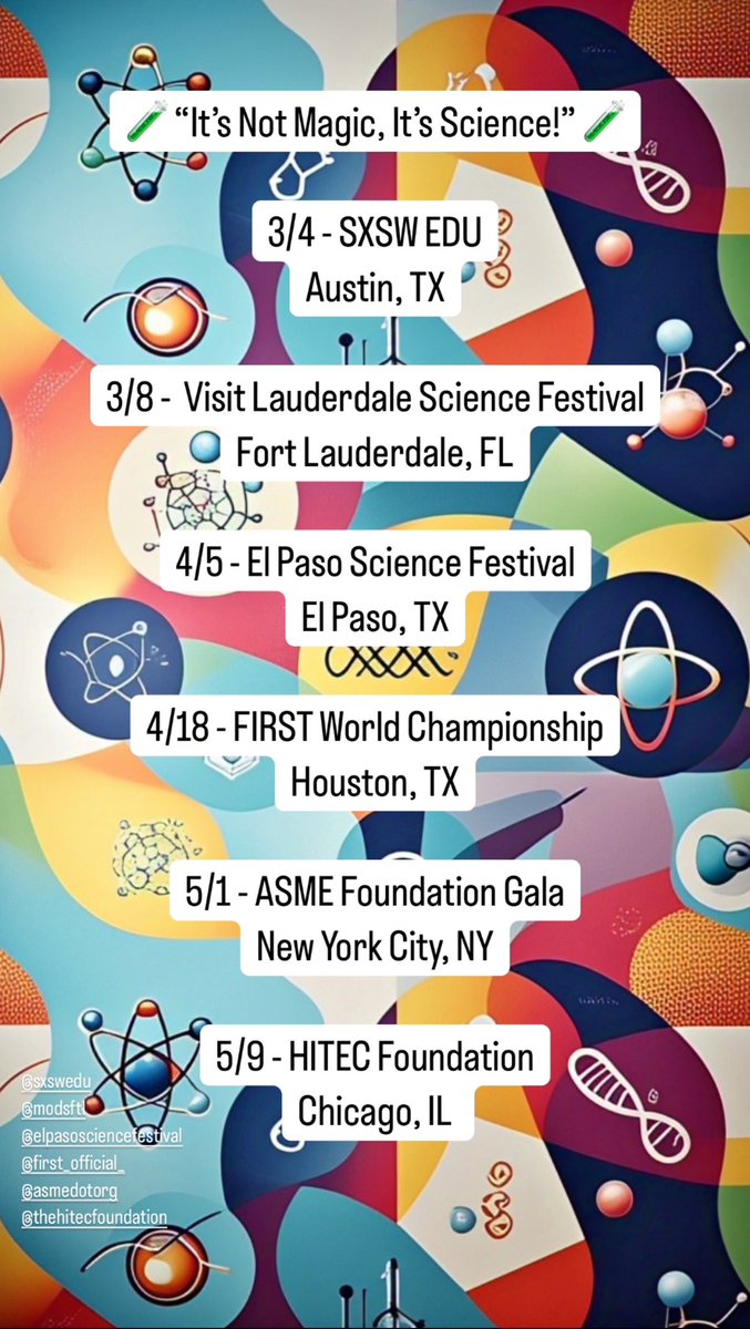 I’m excited to kick off the next wave of “It’s Not Magic, It’s Science!” live events next week! 🧪

<a href="/SXSWEDU/">SXSW EDU</a> 
<a href="/MODSFTL/">Museum of Discovery and Science</a> 
<a href="/FIRSTweets/">FIRST</a> 
<a href="/ASMEdotorg/">ASME.org</a> 
<a href="/hitecfoundation/">The HITEC Foundation</a> 

#STEM #STEMEducation #ScienceForKids #STEAMEducation #Science #Experiments
