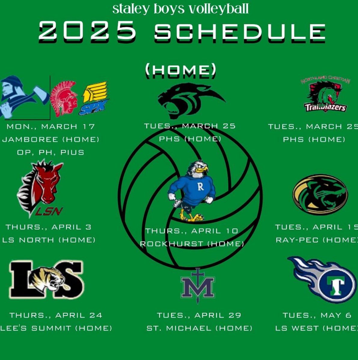 Staley Boys’ Volleyball (@staleyboysvb) on Twitter photo Dropping our 2025 home dual match schedule! Mark your calendars now! <a href="/SHSFalcons/">Staley High School</a> <a href="/TheNestSHS/">The NEST (SHS Student Section)</a> <a href="/metrosports_mk/">Metro Sports MoKan</a> <a href="/NKCSchools/">NKC Schools</a> <a href="/MoBoysVB/">Mo Boys VB</a> <a href="/mhsvca/">MO VB Coaches</a> Dropping our 2025 home dual match schedule! Mark your calendars now! <a href="/SHSFalcons/">Staley High School</a> <a href="/TheNestSHS/">The NEST (SHS Student Section)</a> <a href="/metrosports_mk/">Metro Sports MoKan</a> <a href="/NKCSchools/">NKC Schools</a> <a href="/MoBoysVB/">Mo Boys VB</a> <a href="/mhsvca/">MO VB Coaches</a>