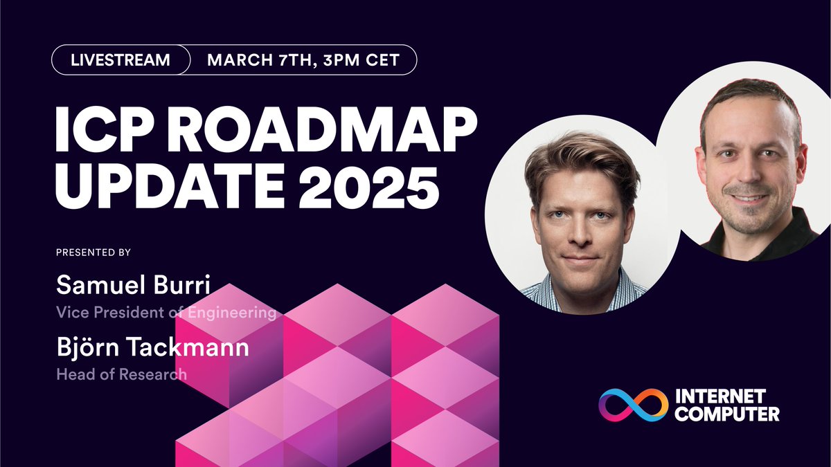 Join <a href="/samuelburri/">Samuel Burri ∞</a> and Björn Tackmann for an in-depth discussion on the updated ICP Roadmap, hosted by <a href="/kylelangham/">Kyle ∞</a> ♾️
 
🗓️ 7th March at 3pm CET / 9am EST
📍youtube.com/watch?v=v9t9Yz…

From AI agents to core protocol improvements, from integrations with <a href="/solana/">Solana</a> &amp; <a href="/dogecoin/">Dogecoin</a> to