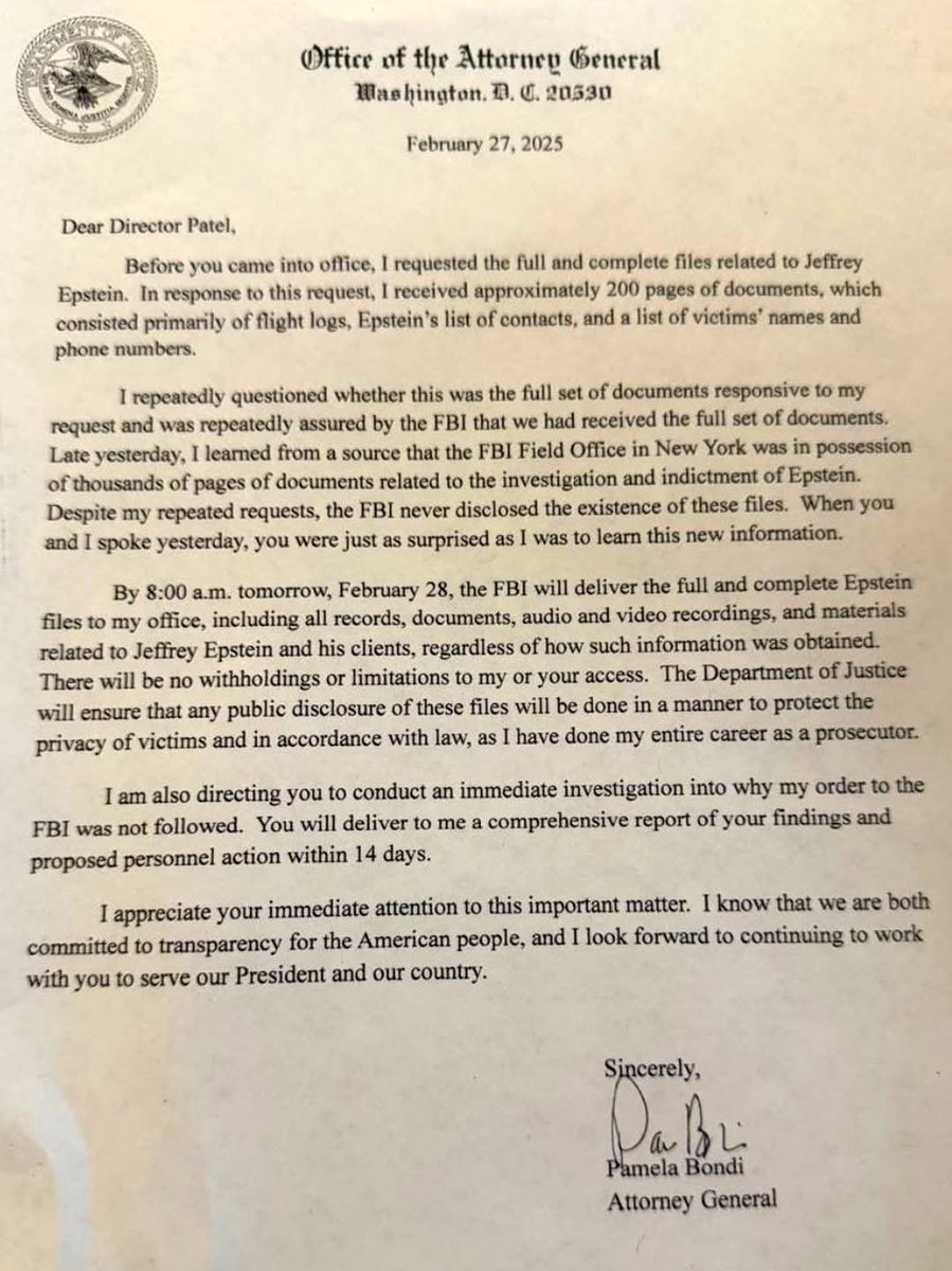 A letter from AG Bondi to FBI director Patel.