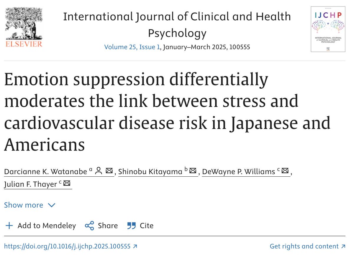 DarciWatanabe's tweet image. I'm excited to share my newly published article, which examines the potential adaptive (protective) role of suppressing the expression of emotions in the relationship between stress and cardiovascular disease risk using five biomarkers
sciencedirect.com/science/articl…
@Social_Ecology
