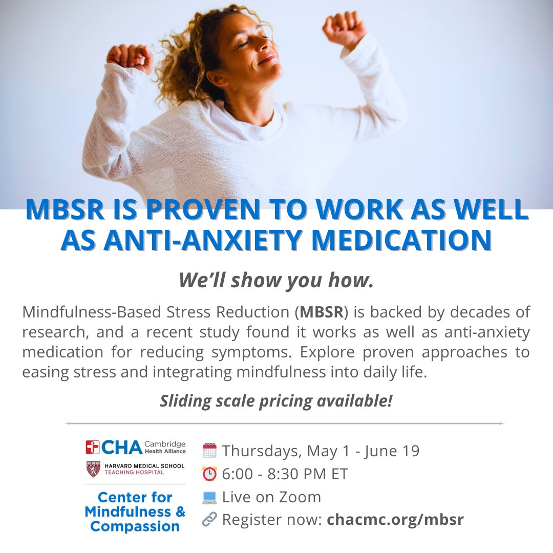 MBSR works as well as anti-anxiety meds! A recent study found it’s just as effective. Join our 8-week live online course to explore mindfulness practices. Starts May 1, Live on Zoom, Sliding Scale Pricing.🔗 chacmc.org/mbsr

#Mindfulness #MBSR #StressRelief