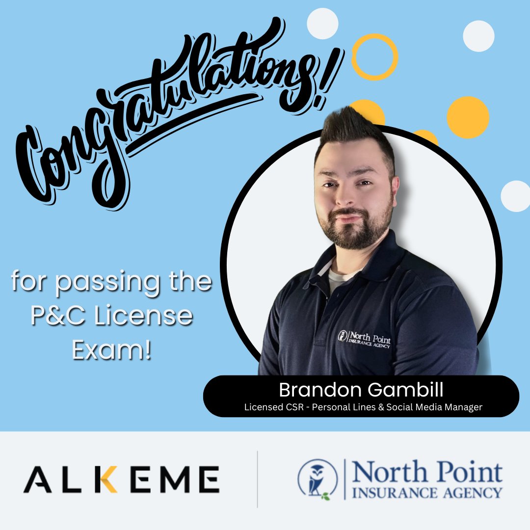 NPInsurance's tweet image. Congratulations to our newly Licensed Customer Service Representative - Personal Lines, Brandon Gambill! Brandon has passed the P&amp;amp;C License Exam!

#Congratulations #newlylicensed #Northpointinsuranceagency