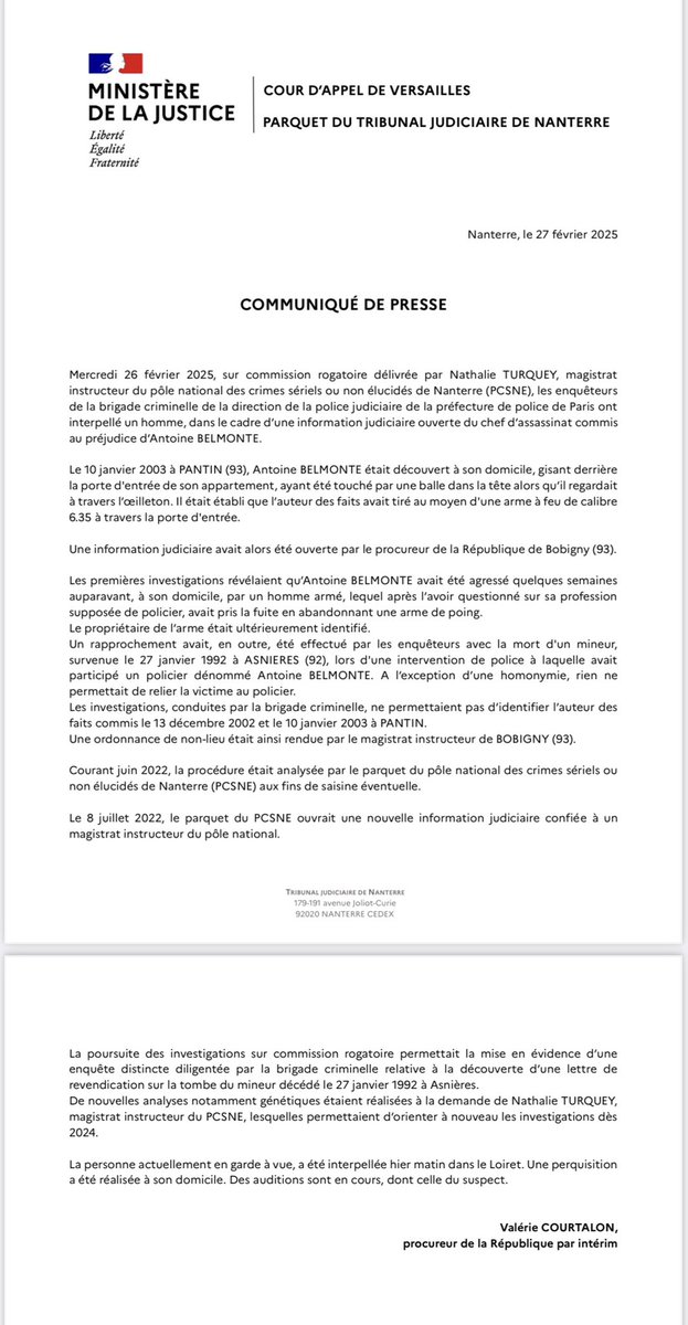 #PoleColdCases #CrimesNonElucides 
❗️Une personne interpellée dans le cadre d’une information judiciaire ouverte pour un assassinat commis en 2003 à Pantin 
❗️Communiqué de presse de Valérie Courtalon, procureur de la République par intérim de Nanterre 👇