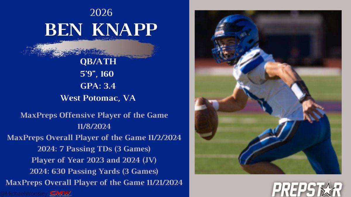 Ben Knapp is a talented and poised quarterback with a strong arm, accuracy, and natural leadership skills. Knapp's arm strength and precision allow him to make a variety of throws, from deep passes to tight-window completions. <a href="/benknapp26/">Ben Knapp</a>