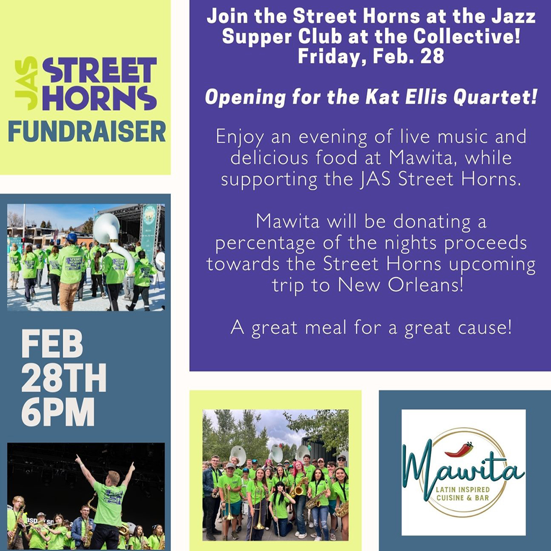 Come join us in Snowmass tomorrow night for music, food &amp; fun feat. the JAS Street Horns! Thanks to Mawita for donating a portion of the nights food &amp; beverage proceeds to the Street Horns upcoming trip to New Orleans!
