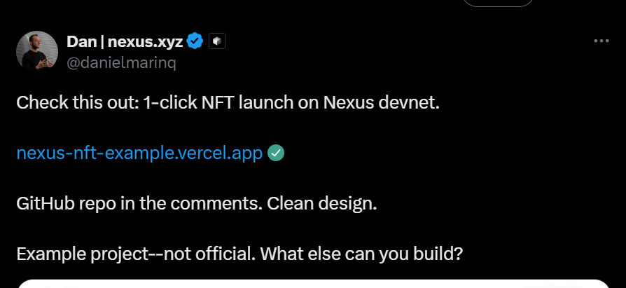 0xnald's tweet photo. My Daily clicks on @NexusLabs  Devnet.

Although DevNet activities are often cleared, I believe the Nexus team is tracking and taking records of every transactions

Here are the steps to my daily activities:
▪Add Nexus network: https://t.co/IQLKLV10eG
-Go to "Click here" and approve on your wallet

▪ Bridge some $NEX to Sepolia: https://t.co/bbMo2xJEm4 (You can bridge back and forth. $Nex takes time to arrive in Sepolia)

▪ Deploy and transfer NFTs using 1-click NFT launch on Nexus devnet: https://t.co/08dgZIsXkF
-Click the + to add your image and deploy

▪You can deploy  ERC20 or other contracts on Nexus using Remix or Thirdweb:
- https://t.co/2ruPeRkGeM 
- https://t.co/9dsz826NHH
DONE
💗 & RT