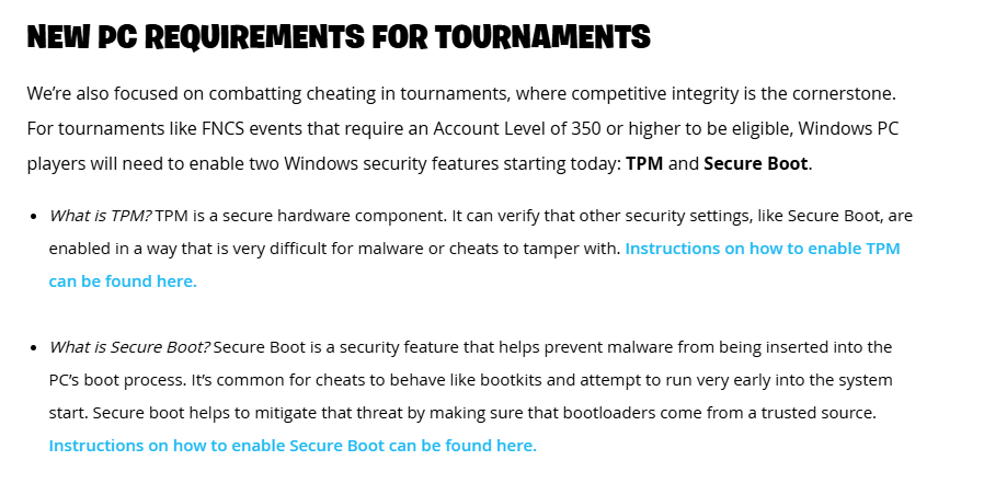 🚨NEW PC REQUIREMENT FOR TOURNAMENTS!🚨

🛑 You're BLOCKED from competing unless TPM &amp; Secure Boot are enabled! 🛑

🔐 TPM strengthens security with hardware encryption &amp; authentication keys.
🛡️ Secure Boot prevents malware &amp; unauthorized software from running at startup.

⚠️