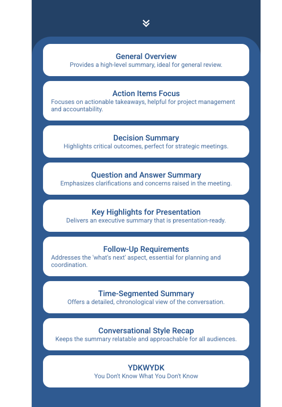 TMUCall's tweet image. Say goodbye to long meeting notes. TMU’s smart summaries break it down, so you only get the insights that matter. Which type of summary would YOU use the most? Get started at tmu.ai 

#TeleMeetUp #FutureOfMeetings #AISummarization #SmartMeetings #AIforWork