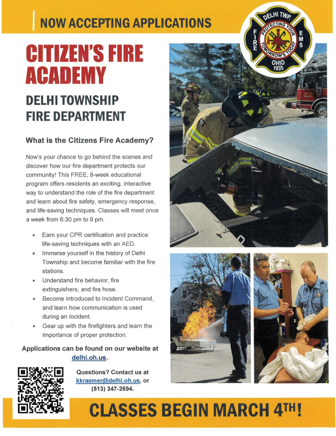 DelhiTwpPolice's tweet image. Delhi Fire Dept is currently accepting applications for its Citizens Fire Academy. Classes will begin on 03/04/25. Held once a week from 6:30 PM to 9:00 PM. See Delhi’s website at delhi.oh.us. For more details.