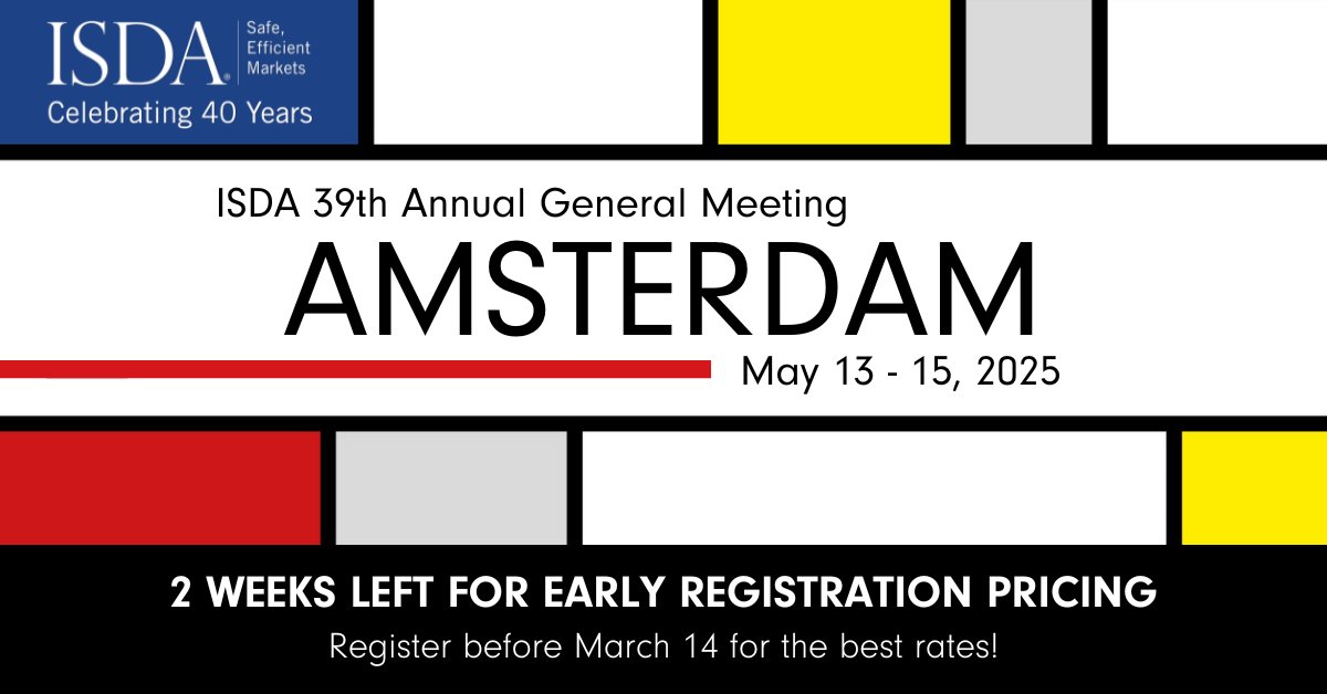 ⏰ 2 weeks left to save with early registration pricing for the #ISDA AGM! Don't miss out on the best rates to attend the #derivatives industry's preeminent event of the year. Lock in your registration here: agm.isda.org
