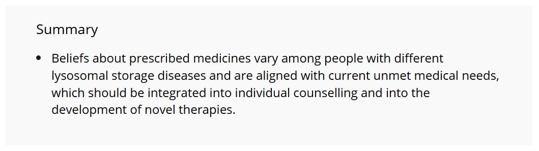 Several of the lysosomal storage disorders have treatment options of varying efficacy whilst for others treatment is purely symptom based. In this new work, Ellie Corazolla et al explore patient beliefs about their treatments.

onlinelibrary.wiley.com/doi/full/10.10…