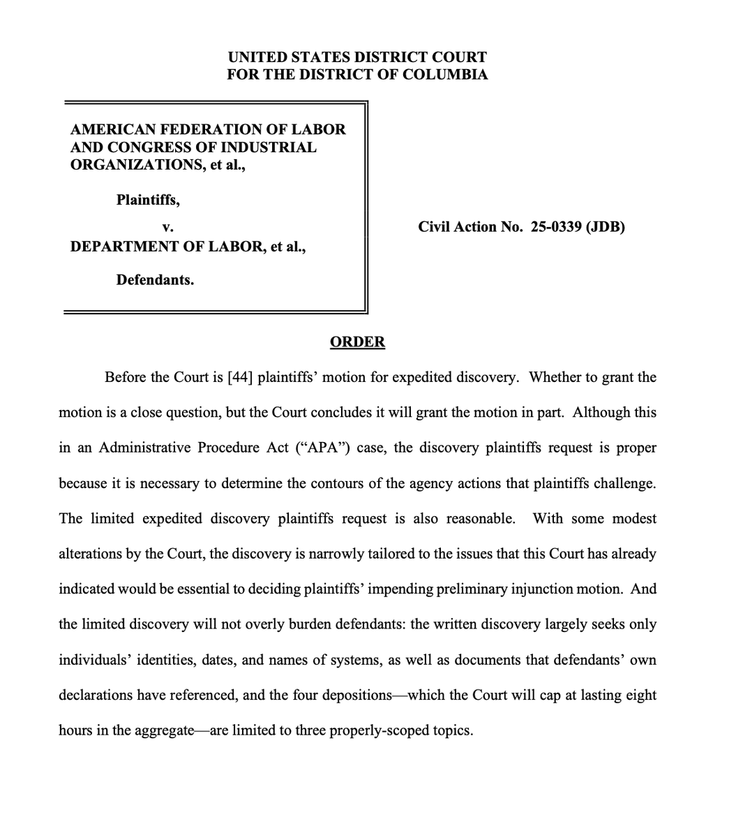 AnnaBower's tweet photo. A federal judge has granted expedited discovery in a case alleging privacy violations related to DOGE access to Labor Department records.  Discovery includes interrogatories concerning the chain of command and sworn testimony of a DOGE staffer: 
https://t.co/b72SLCvOH3 https://t.co/KQarhnNB0i