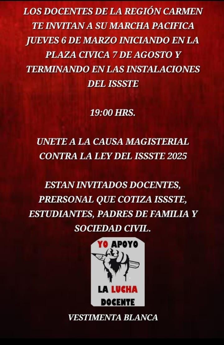 CarmenenunClick's tweet photo. #CiudadDelCarmen #LeydelISSSTE #MarchaPacifica #Docentes
📣 ⏩ Docentes marcharán próximo jueves contra Reforma a la Ley del ISSSTE
En redes sociales circula un "flayer" en el que docentes del Municipio de Carmen dan a conocer que, el próximo jueves, 06 de marzo, marcharán de https://t.co/NDlcAfdGai