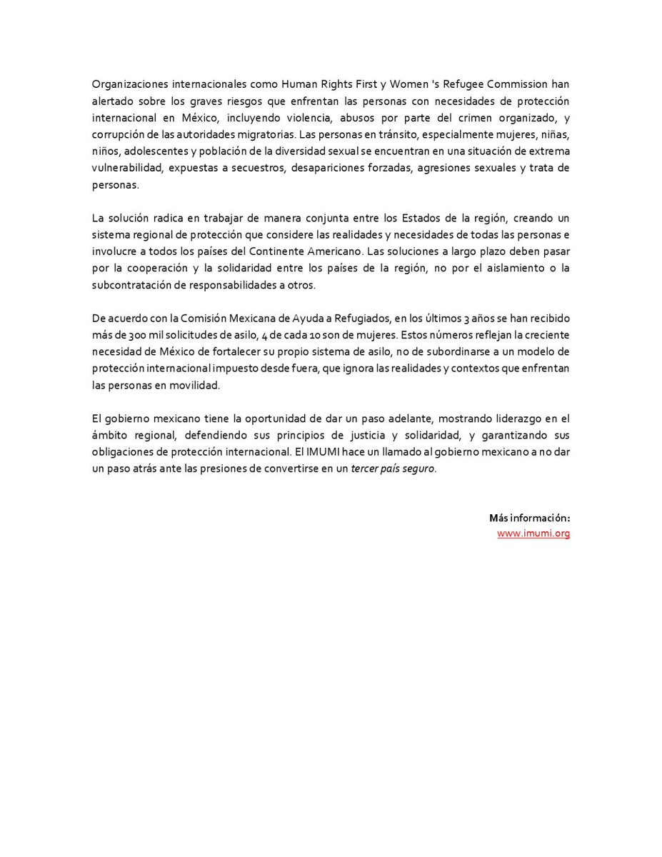 📰 #Boletín #NoTercerPaísSeguro
📣  En el contexto de la actual negociación del gobierno mexicano con la administración de #DonaldTrump para evitar la imposición de medidas arancelarias, IMUMI presenta el documento "México no es un Tercer País Seguro. Cómo la administración de