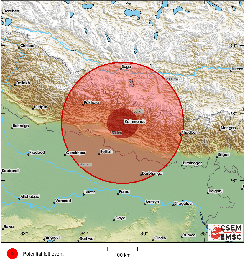 #Earthquake (#भूकम्प) possibly felt 41 sec ago in #Nepal. Felt it? Tell us via:
📱m.emsc.eu/#app
🌐m.emsc.eu
🖥emsc-csem.org
⚠ Automatic crowdsourced detection, not seismically verified yet. More info soon!