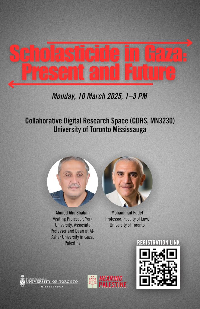 Scholasticide in Gaza
Monday, March 10, 2025
1–3 pm
Location: CDRS (MN3230),  University of Toronto Mississauga
This event will reflect on the scholasticide in Gaza and the future of education in the region.
Registration link: uoft.me/Gaza
<a href="/thaqafatalhind/">Esmat Elhalaby</a> 
📷