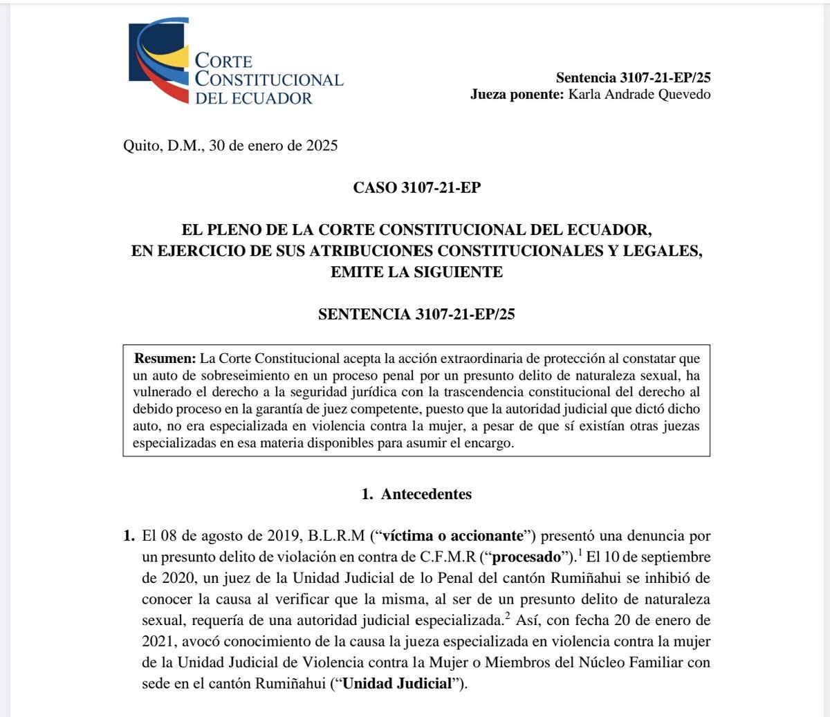 Muuuuuy feliz de contarles que la <a href="/CorteConstEcu/">Corte Constitucional</a> aceptó la Acción Extraordinaria de Protección que en 2021 planteamos a favor de Bernarda Robles en el caso #RanaSabia. La Corte reconoce violación al derecho al juez competente, porque quién conoció el caso no era un juez