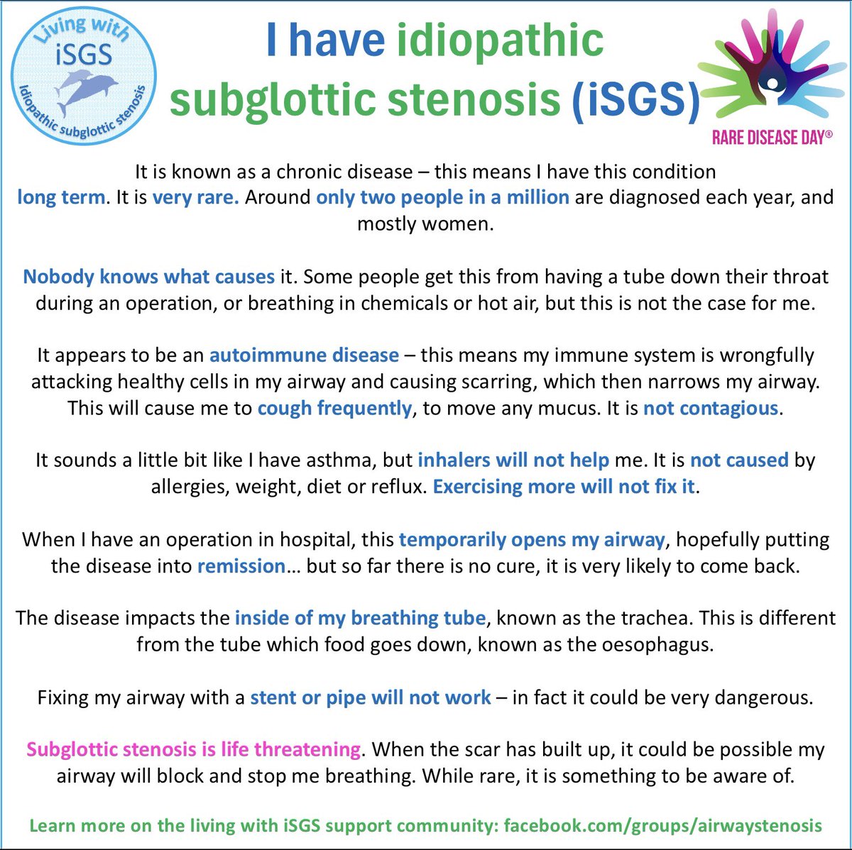 Happy #RareDiseaseDay! Am busy raising awareness of #airwaystenosis today in the hope that we can reduce the 96% of people who are initially misdiagnosed (including myself - initially ‘asthma’, and then told ‘anxiety’). Please learn and spread the word!