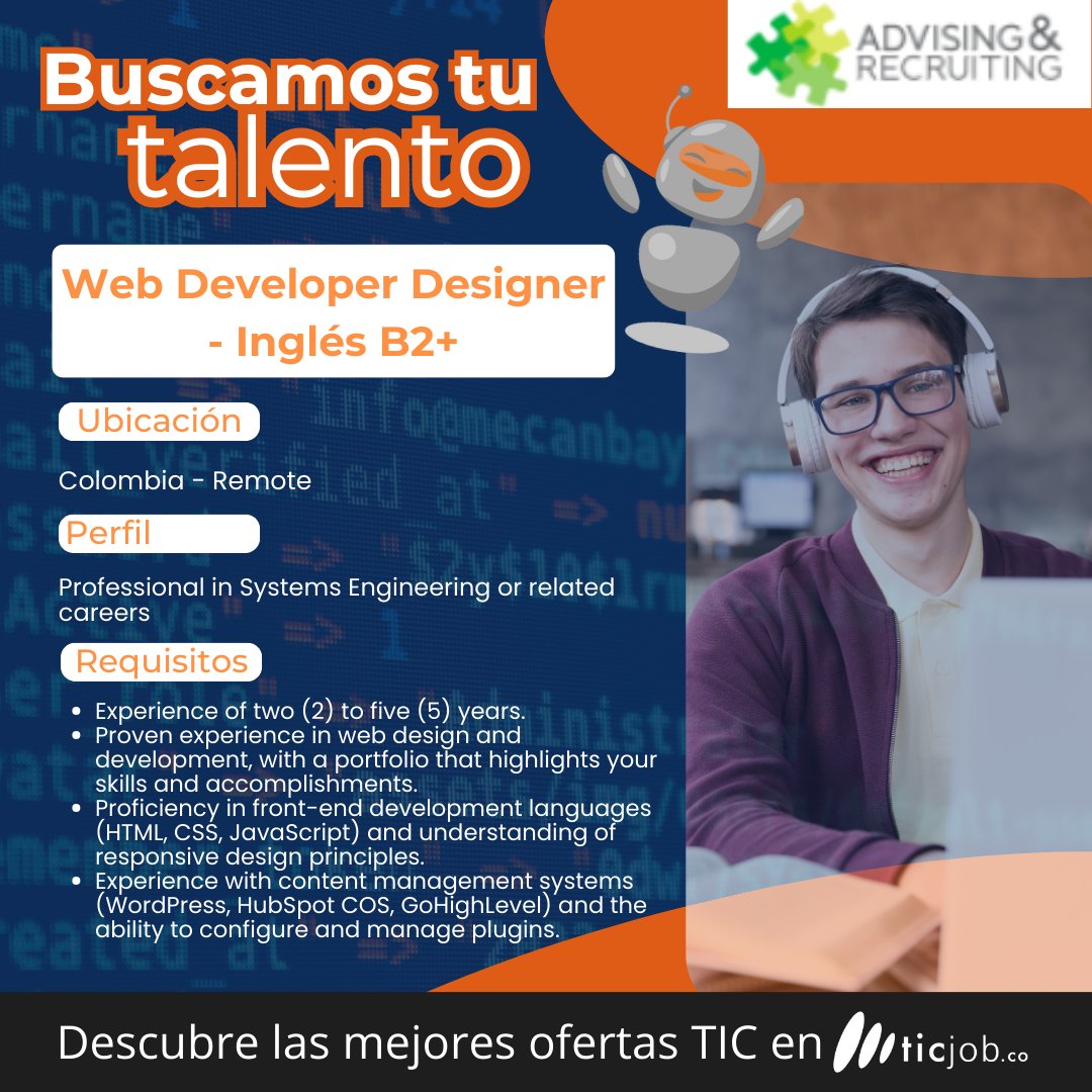 ticjobco's tweet photo. ¡¡Para finalizar este jueves!! 😁 #Advising & #Recriting busca para su team #Web #Developer #Designer con #Inglés #B2+ y con experiencia de 2 a 5 años para trabajar #remoto corre, revisa su #ofertatic y si cumples con el perfil postula ➡➡https://t.co/MyTP47VhVX
#ticjob https://t.co/bYck2dTHhT