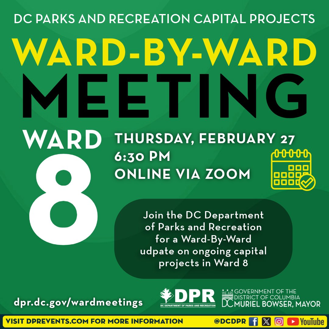 TONIGHT, it is the GREAT Ward 8's turn to receive an update on DPR projects in your ward!  

Missed getting an update on your ward? All recordings are at the link!  

📅 Thur, Feb 27, 6:30 PM
💻 RSVP for Zoom link -&gt; wardupdates.splashthat.com