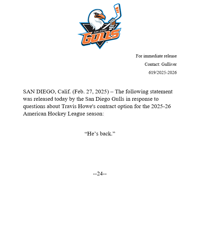 The San Diego Gulls have picked up Travis Howe's contract option for the 2025-26 AHL season.