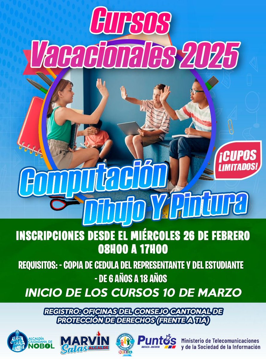 #Vacacionales2025 📷📷📷

Invitamos a las niñas 📷, niños 📷 y adolescentes 📷📷 de Nobol, a los #Cursos #Vacacionales de #Computación y de #DibujoYPintura, para edades de 6 a 18 años.