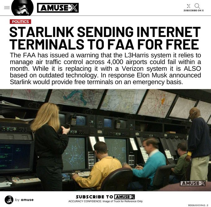 The FAA has issued a warning that the L3Harris system it relies to manage air traffic control across 4,000 airports could fail within a month. While it is replacing it with a Verizon system it is ALSO based on outdated technology. In response Elon Musk announced Starlink would provide free terminals on an emergency basis.