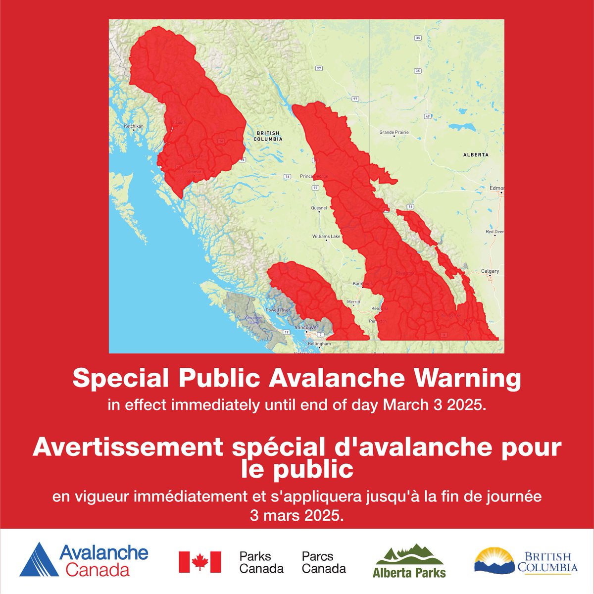 Un avertissement spécial d'avalanche est en vigueur pour la plupart des régions de prévision de la Colombie-Britannique et de l'Alberta jusqu'au 3 mars. (1/2)