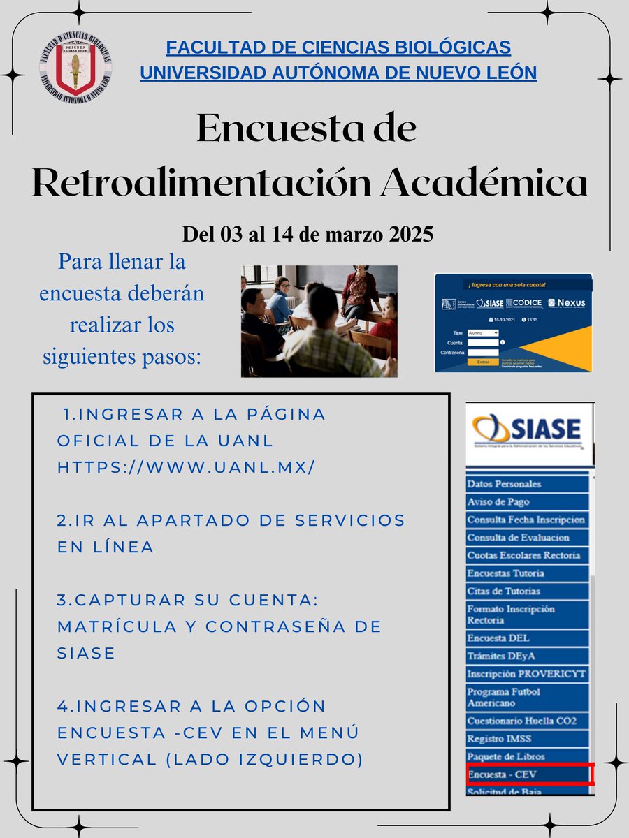 🚨  AVISO IMPORTANTE 🚨

Solicitamos a todos los alumnos de la FCB su colaboración para llenar la Encuesta de Retroalimentación Académica.

A continuación te indicamos los pasos: