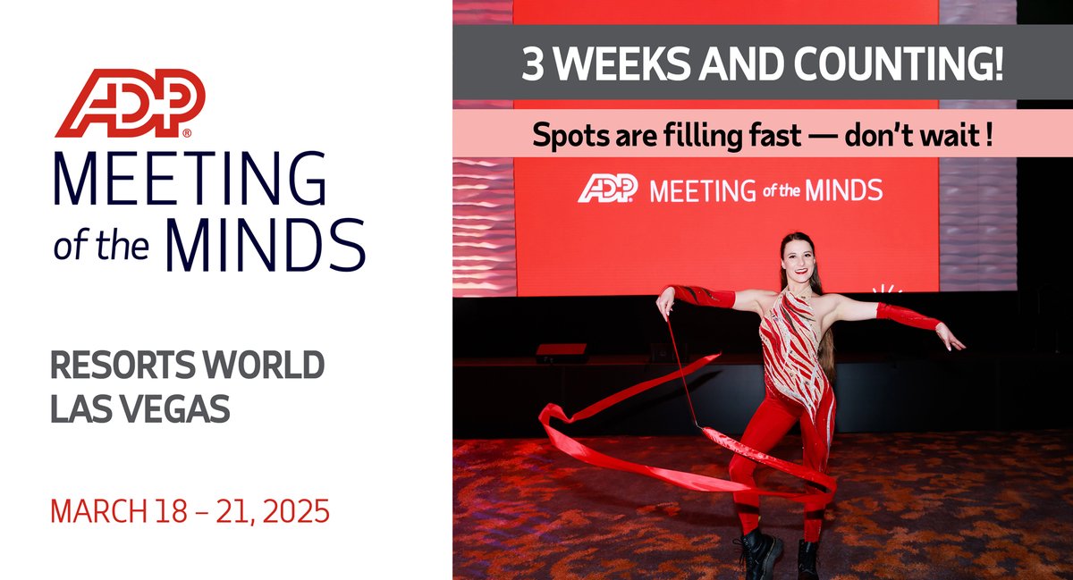 ADP's tweet photo. ADP Meeting of the Minds 2025 is only three weeks away. Don’t miss your chance to learn, network and explore all the latest innovations coming from ADP. Register today! https://t.co/WxPfZ2WUWO  #ADPMOTM https://t.co/51HaUr3JHv