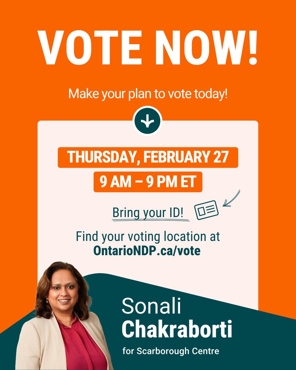 SonaliForNDP's tweet photo. Polling stations in #ScarboroughCentre are open till 9pm. There is still time to #GetOuttheVote and #VoteNOW #SonaliForNDP #teamorange🧡 https://t.co/sdjPX6tUtl