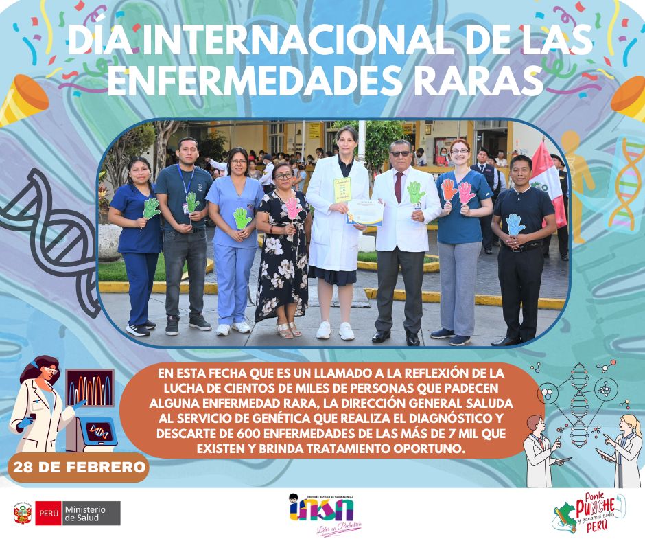 INSN_oficial's tweet photo. En el Día Internacional de las Enfermedades Raras, destacamos la labor del Servicio de Genética del INSN. Diagnostican y tratan más de 600 enfermedades raras. Apoyemos la investigación y la atención.🔬#EnfermedadesRaras #INSN #Genética #28DeFebrero ️ #Pediatría #Perú https://t.co/GbpKOutZ70