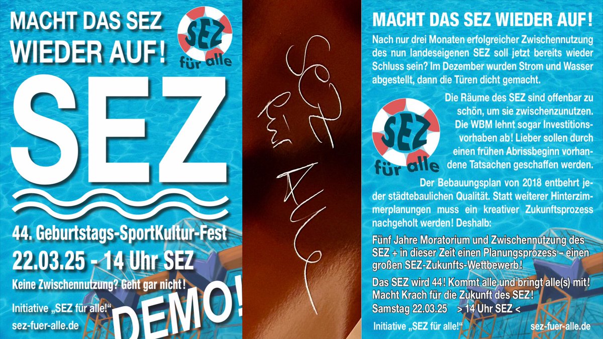 Termine zum SEZ-Geburtstag:
- Do., 20.03.25, 17 Uhr: Runder Tisch von Gemeingut in BürgerInnenhand
- Sa., 22.03.25, 14 Uhr: 44. Geburtstag-SportKultur-Fest: Demo! von SEZ für alle!
change.org/p/das-sez-sani…
#SEZ #sezberlin #sezretten #sezfueralle #antiabriss #bauwende #Ostmoderne
