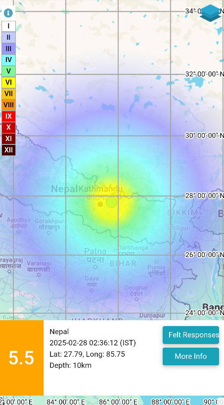 EQ of M: 5.5, On: 28/02/2025 02:36:12 IST, Lat: 27.79 N, Long: 85.75 E, Depth: 10 Km, Location: Nepal. 
For more information Download the BhooKamp App 
riseq.seismo.gov.in/riseq/earthqua… 
<a href="/DrJitendraSingh/">Dr Jitendra Singh</a> 
<a href="/OfficeOfDrJS/">Office of Dr. Jitendra Singh</a> 
<a href="/Ravi_MoES/">Ravi</a>  
<a href="/Dr_Mishra1966/">Dr. O. P. Mishra</a> 
<a href="/ndmaindia/">NDMA India | राष्ट्रीय आपदा प्रबंधन प्राधिकरण 🇮🇳</a>