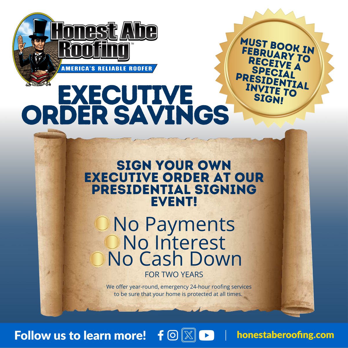 📜 Executive Order Savings – Take Charge of Your Roofing Project! 🇺🇸

For a limited time, YOU have the power to sign your own executive order and lock in this exclusive deal:

✅ NO Money Down
✅ NO Interest
✅ NO Payments for 2 Years

💥 It’s time to take charge and issue you...