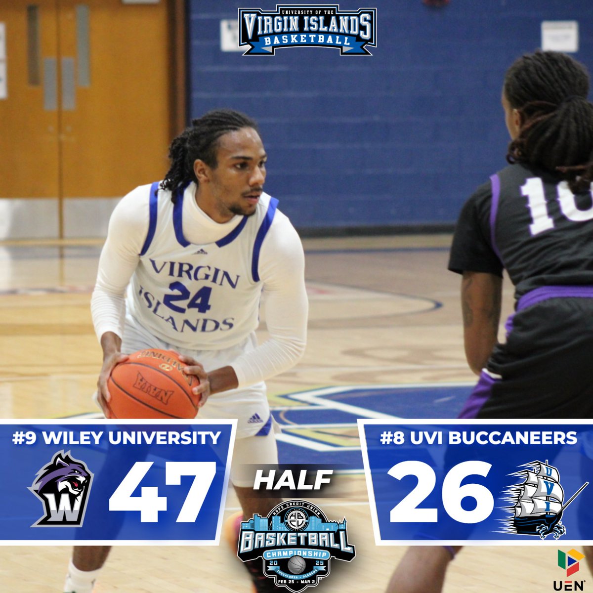 The Buccaneers trail Wiley University 47-26 at halftime

#SettingTheStandard #BuccUp 
#OneUVI #OneHBCUAC